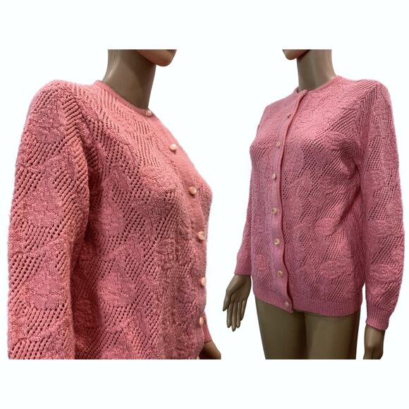 70s Granny Cardigan Pink/Salmon Open Knit Floral Sweater | S - Picture 5 of 12